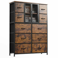 Tall Dresser 10 Drawers Dresser for Bedroom, Fabric Chests of Drawers with Metal Screen Door-Furniture > Dresser-48"H X 38"W X 11.8"D-Brown-snhomee