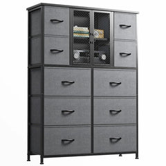 Tall Dresser 10 Drawers Dresser for Bedroom, Fabric Chests of Drawers with Metal Screen Door-Furniture > Dresser-48"H X 38"W X 11.8"D-Grey-snhomee