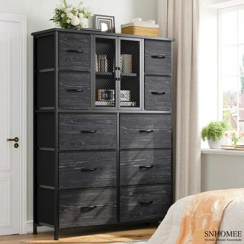 Tall Dresser 10 Drawers Dresser for Bedroom, Fabric Chests of Drawers with Metal Screen Door-Furniture > Dresser-48"H X 38"W X 11.8"D-Black-snhomee