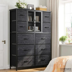Tall Dresser 10 Drawers Dresser for Bedroom, Fabric Chests of Drawers with Metal Screen Door-Furniture > Dresser-48"H X 38"W X 11.8"D-Black-snhomee