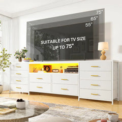 75 Inch TV Stand with 12 Drawers - Heavy-Duty Media Console for 65-80" TVs, Steel Frame Dresser with Anti-Tip Design, No Tools Assembly Entertainment Center for Living Room/Bedroom/Gaming Setup-Dresser TV Stand-White-snhomee