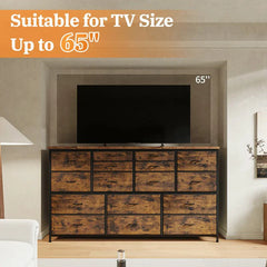 Dresser for Bedroom with Power Outlets, TV Stand with 16 Drawers, Fabric Dressers & Chest of Drawers with Wood Top,Sturdy Metal Frame for Living Room, Closet,Entryway-Dresser TV Stand-Rustic Brown-snhomee