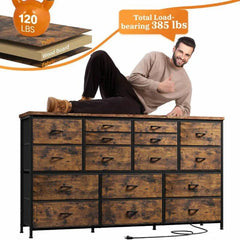 Dresser for Bedroom with Power Outlets, TV Stand with 16 Drawers, Fabric Dressers & Chest of Drawers with Wood Top,Sturdy Metal Frame for Living Room, Closet,Entryway-Dresser TV Stand-Rustic Brown-snhomee