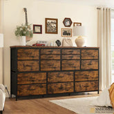 Dresser for Bedroom with Power Outlets, TV Stand with 16 Drawers, Fabric Dressers & Chest of Drawers with Wood Top,Sturdy Metal Frame for Living Room, Closet,Entryway-Dresser TV Stand-Rustic Brown-snhomee
