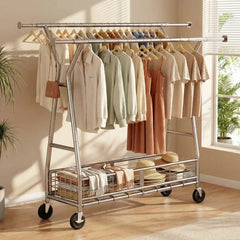 Snhomee Heavy Duty Rolling Garment Rack with Shelves, 70"H Space-Saving Commercial Clothing Rack for Bedroom, Closet, Laundry, Commercial