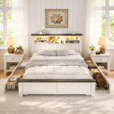 Snhomee Platform Storage Bed Frame with 4 Drawers & LED Charging Headboard, 900 lbs Support, Farmhouse Style, Easy Assembly, No Box Spring Required