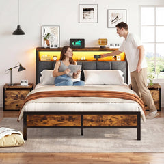 Snhomee Bed Frame with 2-Tier Storage Shelves, Charging Station and LED Lights, 12" Under Bed Storage, Noise Free, No Box Spring Needed