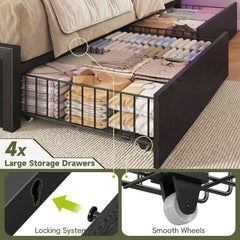 Snhomee Bed Frame with 4-Tier Storage Headboard, Fast Charging Station & Smart LED Light, 880 lbs Heavy Duty Support,Easy Assembly