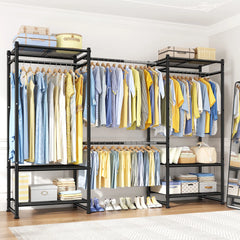 Snhomee 1200lbs Heavy Duty Metal Garment Rack, Expandable 3 Column Adjustable Closet Organizer System, Freestanding Wardrobe Storage Unit for Bedroom