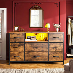 Snhomee 8-Drawer Dresser with LED Lights & Charging Station – Rustic Modern Storage Cabinet for Bedroom & Living Room