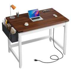 Snhomee Office Computer Desk with Power Outlet & Storage Bag, Modern Farmhouse Small Desk for Bedroom Study and Writing, Space Saving Desk for Small Spaces