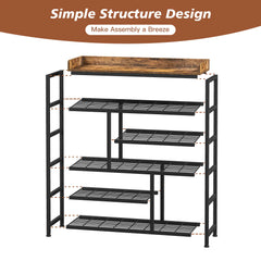 Snhomee 6-Tier Metal Shoe Rack for Entryway Holds 24 Pairs, Wooden Top and Side Pocket for Entry, Entrance, Hallway, Black