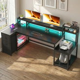 Snhomee 71" L-Shaped Computer Desk with 3 Drawers, Adjustable Storage Shelves, Hutch, Power Outlets & LED Lights, Reversible Gaming Desk with Monitor Stand