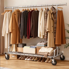 Snhomee 75"W Heavy Duty Rolling Garment Rack, 485 LBS Expandable Clothes Rack with Lockable Wheels for Bedroom Laundry Room