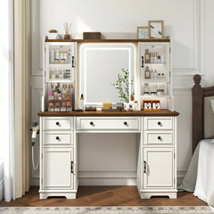 Enhomee Farmhouse Makeup Vanity Desk with LED Mirror & RGB Cabinets – Storaging with Drawers & Shelves, White, Ideal for Organizing Seasonal Skincare in Bedroom or Dressing Room