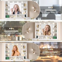 Snhomee Makeup Vanity Desk with Lighted Mirror & Charging Station, Fluted Modern Vanity with Drawers, Shelves & Storage Stool, Space-Saving for Bedroom