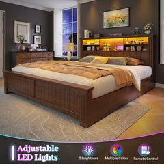 Snhomee Queen Size Bed Frame with LED Headboard & Storage - 900LB Capacity Platform Bed with Charging Station & 4 Underbed Drawers, No Box Spring Needed, Farmhouse