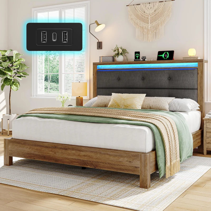 Snhomee LED Bed with Charging Station, Upholstered Storage Headboard and Solid Wooden Slats, Heavy Duty Platform Bed Frame, No Box Spring Required, Noise-Free & Easy Assembly