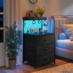 Snhomee Tall LED Nightstand with Charging Station & 3-Drawer Shelves | Bedside Table with USB/AC Outlets & 4 Hooks