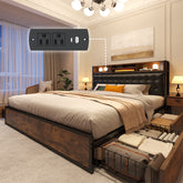 Snhomee Luxury Upholstered Bed Frame with 4 Storage Drawers & USB Charging - 1100LB Heavy Duty, Silent Design, No Box Spring Needed, Vintage Brown