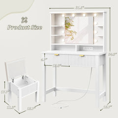 Snhomee Makeup Vanity Desk with Lighted Mirror & Charging Station, Fluted Modern Vanity with Drawers, Shelves & Storage Stool, Space-Saving for Bedroom