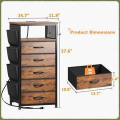 Snhomee Nightstand with 5 Drawers, Narrow and Tall Nightstand with Charging Station & LED Lights, Modern Nightstands for Bedroom, Dorm, Apartment, Small Spaces