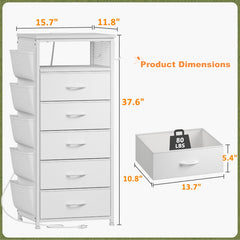 Snhomee Nightstand with 5 Drawers, Narrow and Tall Nightstand with Charging Station & LED Lights, Modern Nightstands for Bedroom, Dorm, Apartment, Small Spaces
