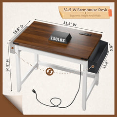 Snhomee Office Computer Desk with Power Outlet & Storage Bag, Modern Farmhouse Small Desk for Bedroom Study and Writing, Space Saving Desk for Small Spaces