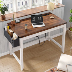 Snhomee Office Computer Desk with Power Outlet & Storage Bag, Modern Farmhouse Small Desk for Bedroom Study and Writing, Space Saving Desk for Small Spaces