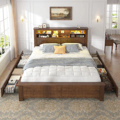 Snhomee Queen Size Bed Frame with LED Headboard & Storage - 900LB Capacity Platform Bed with Charging Station & 4 Underbed Drawers, No Box Spring Needed, Farmhouse