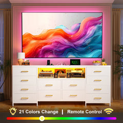 Snhomee TV Stand with 12 Drawers, LED Light Strip & Charging Station for 65–75" TVs – Tool-Free Assembly Media Console, Ideal for Living Room, Bedroom, Apartment, or Gaming Setup