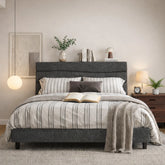 Snhomee Upholstered Bed Frame with Adjustable Headboard Shelf, USB Charging Station, Heavy Duty Wooden Slats Support, 880 lbs Capacity, Noise-Free, No Box Spring Needed, Modern Bed for Apartments