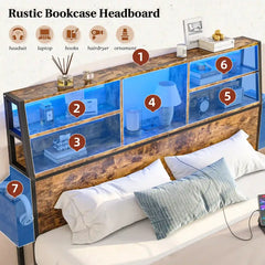Snhomee Bed Frame with Storage Headboard And 2 Storage Drawers, LED Lights & Charging Station, 800 LBS Capacity, Silent Platform Bed, No Box Spring Needed