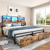 Snhomee Bed Frame with Storage Headboard And 2 Storage Drawers, LED Lights & Charging Station, 800 LBS Capacity, Silent Platform Bed, No Box Spring Needed