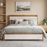 Snhomee Solid Wood Bed Frame with Upholstered Headboard,800 LBS Bed Frame with LED Lights & Charging Station, Noise-Free