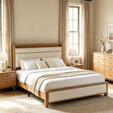 Snhomee Solid Wood Bed Frame with Upholstered Headboard,800 LBS Bed Frame with LED Lights & Charging Station, Noise-Free