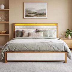 Snhomee Solid Wood Bed Frame with Upholstered Headboard,800 LBS Bed Frame with LED Lights & Charging Station, Noise-Free