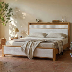 Snhomee Solid Wood Bed Frame with Upholstered Headboard,800 LBS Bed Frame with LED Lights & Charging Station, Noise-Free