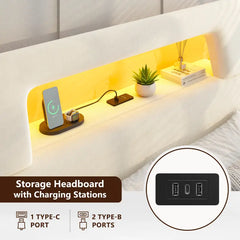 Snhomee Upholstered Bed Frame with Storage Space,Upholstered Bed Frame with LED Lights & Charging Station,Hollow Geometric Line Headboard, Silent Design, Easy Assembly for Modern Apartment
