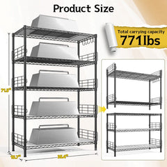 Snhomee 5-Tier Metal Shelving Unit with 771 lbs Capacity - Adjustable Storage Rack with Side Blockers & Hooks