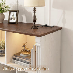 The charging station design on top of the storage cabinet and the ambient lights in the cabinet compartments, with a walnut-colored top, offers a versatile style. The charging station design is convenient for daily needs.