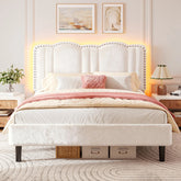 Snhomee Upholstered Bed Frame with Velvet Headboard & LED Lights, Noise-Free Platform Bed, Easy Assembly, Cute Aesthetic for Bedroom