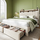 Snhomee Upholstered Bed Frame with Storage Headboard & 2 Drawers, No Box Spring Needed, Noise-Free Padded Platform Bed