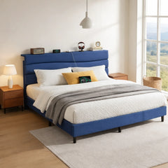 Snhomee Upholstered Bed Frames with Charging Stations Platform Bed & Adjustable Headboard,880 LBS Capacity, No Box Spring Needed, No Noise, Easy Assembly