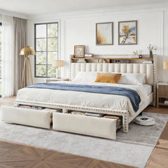 Snhomee Upholstered Platform Bed Frame with Storage, 2 Drawer Bed Frame with Padded Headboard, 900LBS Weight Capacity, Noise-Free, No Box Spring Needed