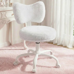 Snhomee White Bow Back Desk Chair, Fluffy Faux Rabbit Fur Seat, Adjustable Height, Swivel with Wheels&Lumbar Support,for Bedroom,Vanity,Study&Office