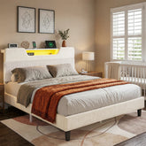Snhomee LED Velvet Upholstered Bed Frame with Storage Headboard & USB Charging Station, Platform Bed, Noise-Free, No Box Spring Needed