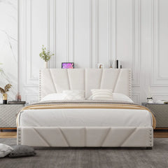 Snhomee Velvet Upholstered Bed Frame with Adjustable Storage Headboard, LED Lights & Charging Station, 881LBS Weight Capacity, Noise-Free Platform Bed for Bedroom & Apartment