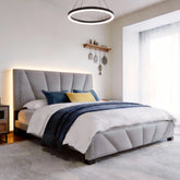 Snhomee Velvet Upholstered LED Platform Bed Frame with Charging Station & Adjustable Storage Headboard - 881LBS Heavy Duty, Noise-Free Platform Bed