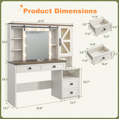 Snhomee 55.1” Farmhouse Vanity Desk with Sliding Mirror, LED Lights, 4 Drawers & RGB Cabinets for Bedroom, Dressing Room or Cloakroom